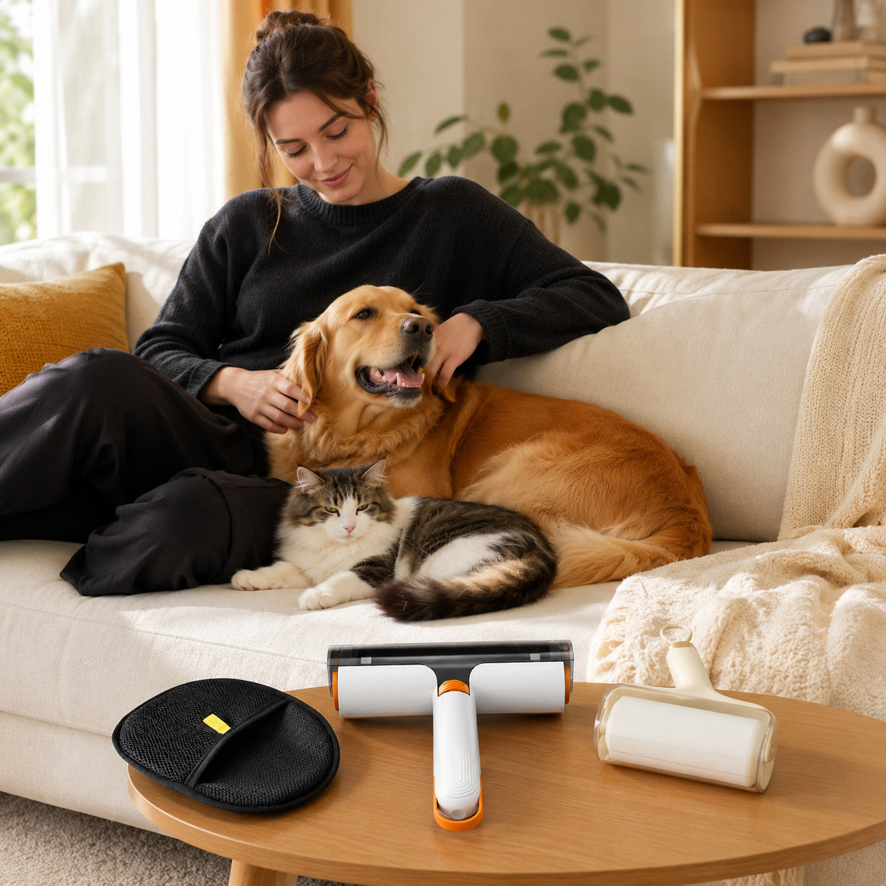 Pet owner relaxing with a dog and cat in a clean home
