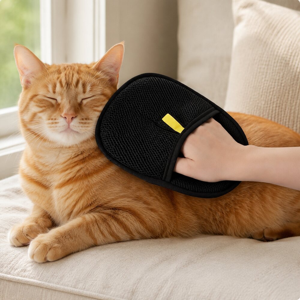 Gently grooming a cat with the Zevfura glove at home