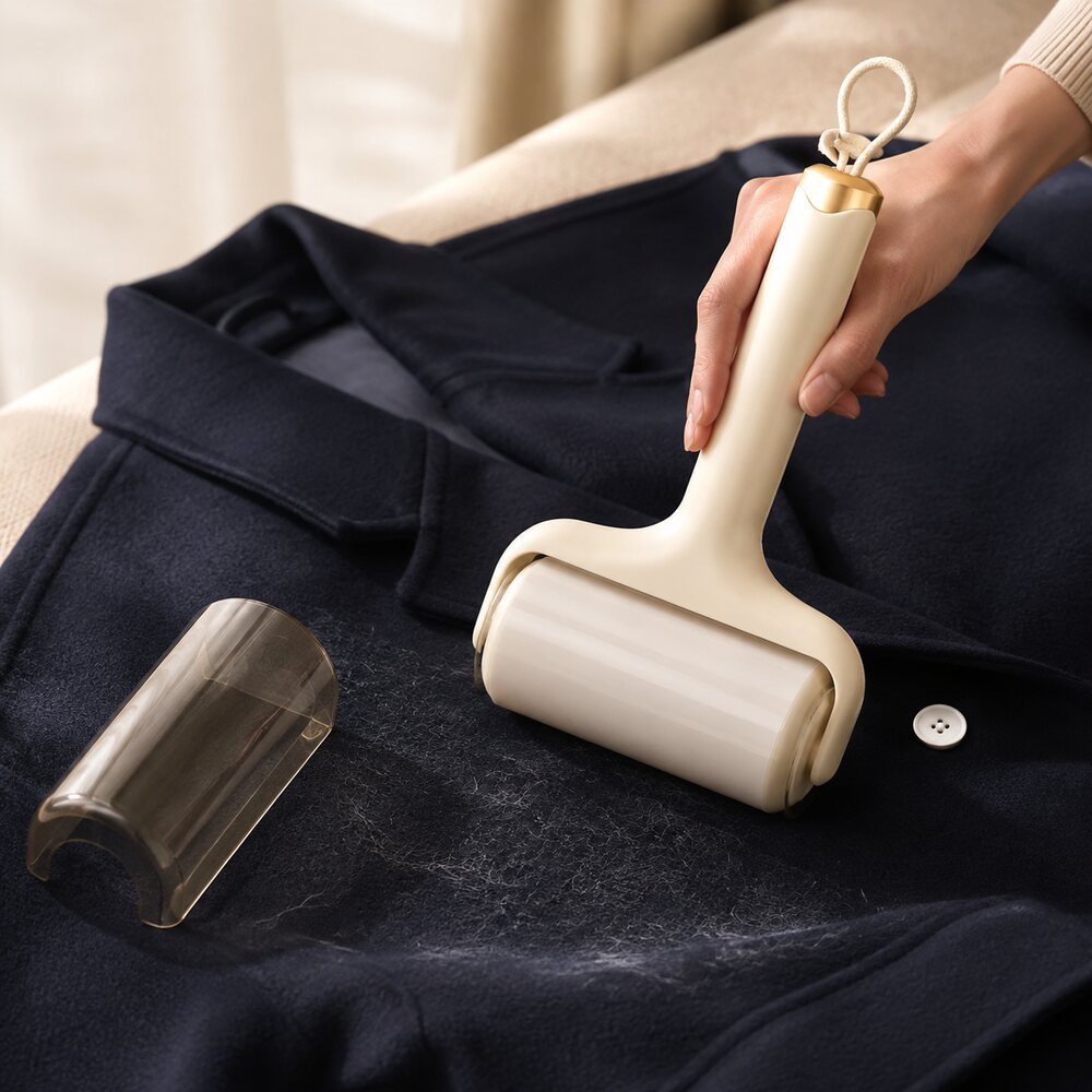 Covered pet hair and lint roller cleaning dark clothing