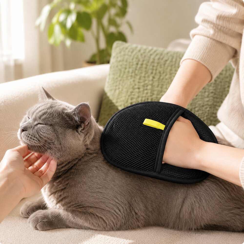 Reusable Zevfura glove grooming a cat