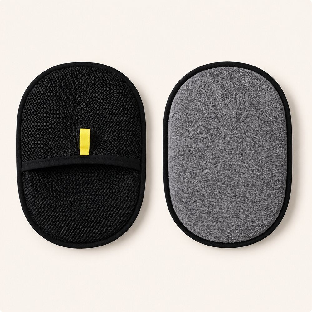 Front and back views of the reusable black grooming glove