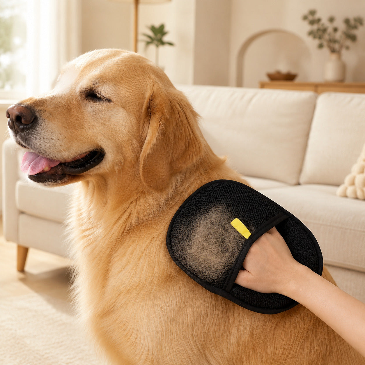 Grooming glove collecting loose fur from a dog